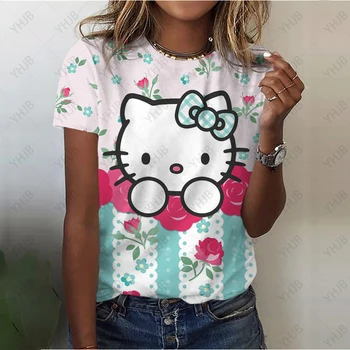 Kawaii Hello Kitty Узор Принт Женские футболки Удобная летняя женская одежда Повседневная футболка с коротким рукавом Топ