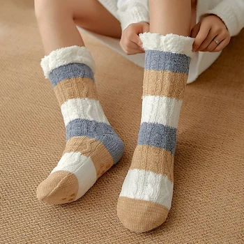 Мужчины Женщины Толстые флисовые полосатые носки Зимние теплые носки Мягкие плюшевые носки для сна Пушистые противоскользящие домашние комнатные тапочки