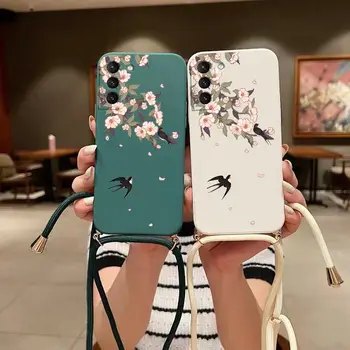Цветы и птицы Ремешок через плечо Силиконовый чехол для телефона для Samsung Galaxy S21 S21Plus S21FE S22Plus S23FE S20Plus S23 S22 Чехол