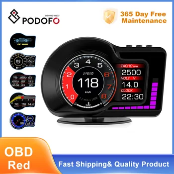 Podofo HUD OBD2 + GPS Автомобильный цифровой спидометр Проекционный дисплей Сигнализация превышения скорости Обороты в минуту Температура воды Турбо Давление Универсальный